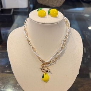 Lemon Charm Pearl Necklace and Earring Set